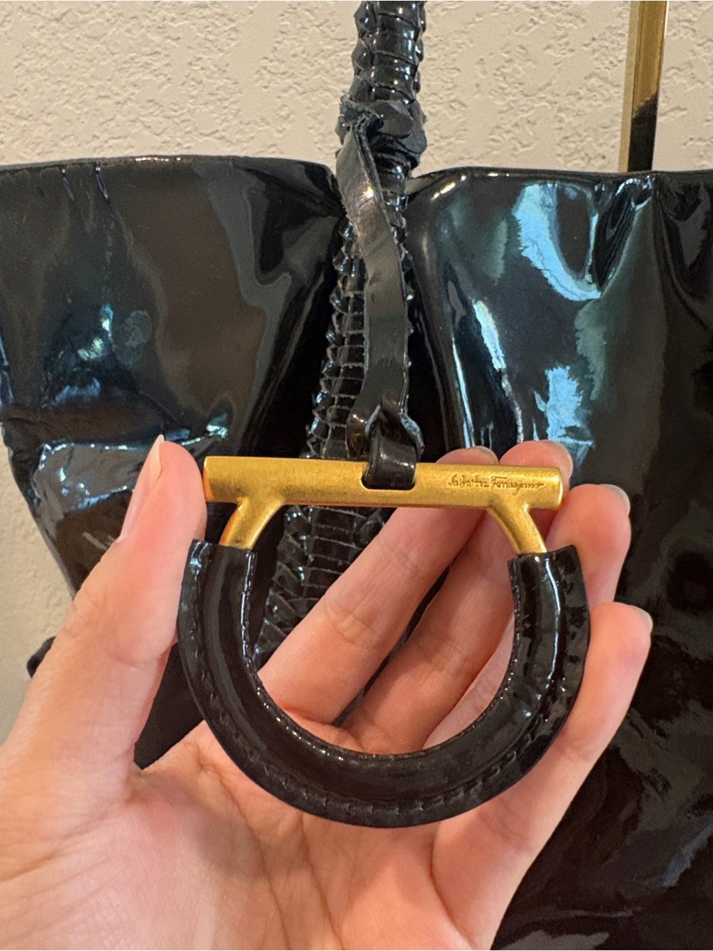 Salvatore Ferragamo Black Patent Tote Bag with Braided Handles - Picture 7 of 14